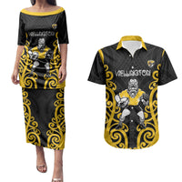 Wellington Custom Rugby New Zealand Couples Matching Puletasi and Hawaiian Shirt Aotearoa Maori Pukana Tiki Mascot