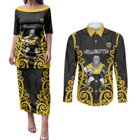 Wellington Custom Rugby New Zealand Couples Matching Puletasi and Long Sleeve Button Shirt Aotearoa Maori Pukana Tiki Mascot