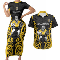 Wellington Custom Rugby New Zealand Couples Matching Short Sleeve Bodycon Dress and Hawaiian Shirt Aotearoa Maori Pukana Tiki Mascot