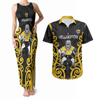 Wellington Custom Rugby New Zealand Couples Matching Tank Maxi Dress and Hawaiian Shirt Aotearoa Maori Pukana Tiki Mascot