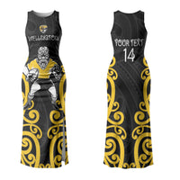 Wellington Custom Rugby New Zealand Couples Matching Tank Maxi Dress and Long Sleeve Button Shirt Aotearoa Maori Pukana Tiki Mascot
