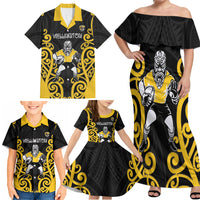 Wellington Custom Rugby New Zealand Family Matching Off Shoulder Maxi Dress and Hawaiian Shirt Aotearoa Maori Pukana Tiki Mascot