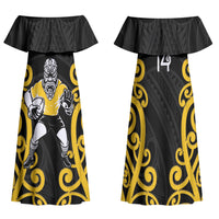 Wellington Custom Rugby New Zealand Family Matching Off Shoulder Maxi Dress and Hawaiian Shirt Aotearoa Maori Pukana Tiki Mascot