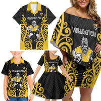Wellington Custom Rugby New Zealand Family Matching Off Shoulder Short Dress and Hawaiian Shirt Aotearoa Maori Pukana Tiki Mascot