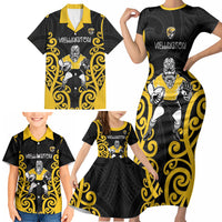 Wellington Custom Rugby New Zealand Family Matching Short Sleeve Bodycon Dress and Hawaiian Shirt Aotearoa Maori Pukana Tiki Mascot