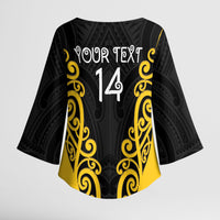 Wellington Custom Rugby New Zealand Kimono Sleeve Blouse Aotearoa Maori Pukana Tiki Mascot