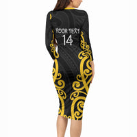 Wellington Custom Rugby New Zealand Long Sleeve Bodycon Dress Aotearoa Maori Pukana Tiki Mascot