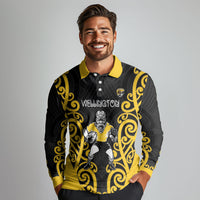 Wellington Custom Rugby New Zealand Long Sleeve Polo Shirt Aotearoa Maori Pukana Tiki Mascot