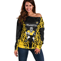 Wellington Custom Rugby New Zealand Off Shoulder Sweater Aotearoa Maori Pukana Tiki Mascot
