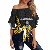 Wellington Custom Rugby New Zealand Off Shoulder Wrap Waist Top Aotearoa Maori Pukana Tiki Mascot