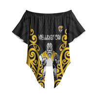 Wellington Custom Rugby New Zealand Off Shoulder Wrap Waist Top Aotearoa Maori Pukana Tiki Mascot