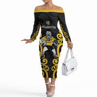 Wellington Custom Rugby New Zealand Off The Shoulder Long Sleeve Dress Aotearoa Maori Pukana Tiki Mascot
