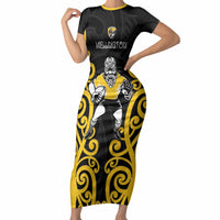 Wellington Custom Rugby New Zealand Short Sleeve Bodycon Dress Aotearoa Maori Pukana Tiki Mascot