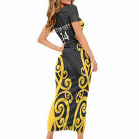 Wellington Custom Rugby New Zealand Short Sleeve Bodycon Dress Aotearoa Maori Pukana Tiki Mascot
