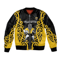 Wellington Custom Rugby New Zealand Sleeve Zip Bomber Jacket Aotearoa Maori Pukana Tiki Mascot