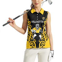 Wellington Custom Rugby New Zealand Women Sleeveless Polo Shirt Aotearoa Maori Pukana Tiki Mascot