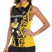 Wellington Custom Rugby New Zealand Women Sleeveless Polo Shirt Aotearoa Maori Pukana Tiki Mascot