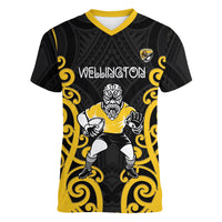 Wellington Custom Rugby New Zealand Women V-Neck T-Shirt Aotearoa Maori Pukana Tiki Mascot