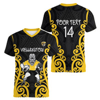 Wellington Custom Rugby New Zealand Women V-Neck T-Shirt Aotearoa Maori Pukana Tiki Mascot