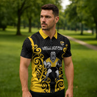 Wellington Custom Rugby New Zealand Zipper Polo Shirt Aotearoa Maori Pukana Tiki Mascot