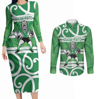 Manawatu Custom Rugby New Zealand Couples Matching Long Sleeve Bodycon Dress and Long Sleeve Button Shirt Aotearoa Maori Pukana Tiki Mascot