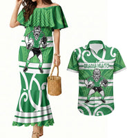 Manawatu Custom Rugby New Zealand Couples Matching Mermaid Dress and Hawaiian Shirt Aotearoa Maori Pukana Tiki Mascot