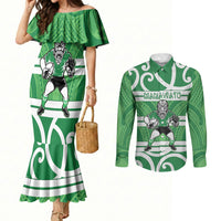 Manawatu Custom Rugby New Zealand Couples Matching Mermaid Dress and Long Sleeve Button Shirt Aotearoa Maori Pukana Tiki Mascot