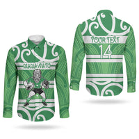 Manawatu Custom Rugby New Zealand Couples Matching Off Shoulder Maxi Dress and Long Sleeve Button Shirt Aotearoa Maori Pukana Tiki Mascot