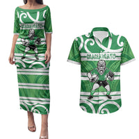 Manawatu Custom Rugby New Zealand Couples Matching Puletasi and Hawaiian Shirt Aotearoa Maori Pukana Tiki Mascot