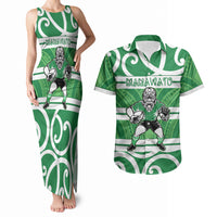 Manawatu Custom Rugby New Zealand Couples Matching Tank Maxi Dress and Hawaiian Shirt Aotearoa Maori Pukana Tiki Mascot
