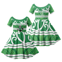 Manawatu Custom Rugby New Zealand Family Matching Off The Shoulder Long Sleeve Dress and Hawaiian Shirt Aotearoa Maori Pukana Tiki Mascot