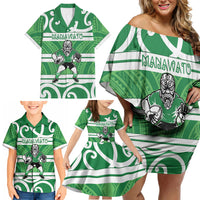 Manawatu Custom Rugby New Zealand Family Matching Off Shoulder Short Dress and Hawaiian Shirt Aotearoa Maori Pukana Tiki Mascot