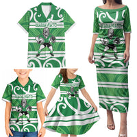 Manawatu Custom Rugby New Zealand Family Matching Puletasi and Hawaiian Shirt Aotearoa Maori Pukana Tiki Mascot