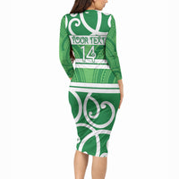 Manawatu Custom Rugby New Zealand Long Sleeve Bodycon Dress Aotearoa Maori Pukana Tiki Mascot