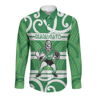 Manawatu Custom Rugby New Zealand Long Sleeve Button Shirt Aotearoa Maori Pukana Tiki Mascot