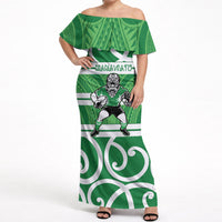 Manawatu Custom Rugby New Zealand Off Shoulder Maxi Dress Aotearoa Maori Pukana Tiki Mascot