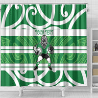 Manawatu Custom Rugby New Zealand Shower Curtain Aotearoa Maori Pukana Tiki Mascot