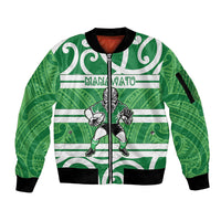 Manawatu Custom Rugby New Zealand Sleeve Zip Bomber Jacket Aotearoa Maori Pukana Tiki Mascot