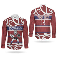 Southland Custom Rugby New Zealand Couples Matching Long Sleeve Bodycon Dress and Long Sleeve Button Shirt Aotearoa Maori Pukana Tiki Mascot