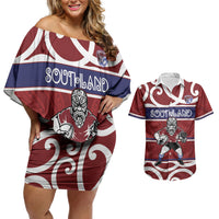 Southland Custom Rugby New Zealand Couples Matching Off Shoulder Short Dress and Hawaiian Shirt Aotearoa Maori Pukana Tiki Mascot