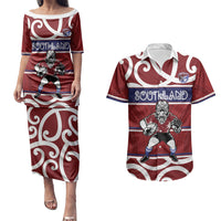 Southland Custom Rugby New Zealand Couples Matching Puletasi and Hawaiian Shirt Aotearoa Maori Pukana Tiki Mascot