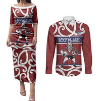 Southland Custom Rugby New Zealand Couples Matching Puletasi and Long Sleeve Button Shirt Aotearoa Maori Pukana Tiki Mascot