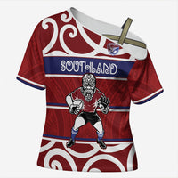 Southland Custom Rugby New Zealand Cross Shoulder Shirt Aotearoa Maori Pukana Tiki Mascot