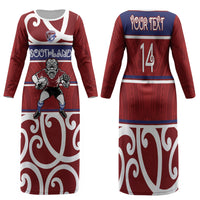 Southland Custom Rugby New Zealand Family Matching Long Sleeve Bodycon Dress and Hawaiian Shirt Aotearoa Maori Pukana Tiki Mascot