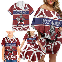 Southland Custom Rugby New Zealand Family Matching Off Shoulder Short Dress and Hawaiian Shirt Aotearoa Maori Pukana Tiki Mascot
