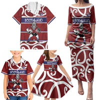 Southland Custom Rugby New Zealand Family Matching Puletasi and Hawaiian Shirt Aotearoa Maori Pukana Tiki Mascot