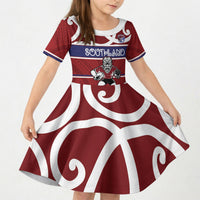 Southland Custom Rugby New Zealand Kid Short Sleeve Dress Aotearoa Maori Pukana Tiki Mascot
