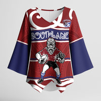 Southland Custom Rugby New Zealand Kimono Sleeve Blouse Aotearoa Maori Pukana Tiki Mascot