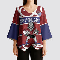 Southland Custom Rugby New Zealand Kimono Sleeve Blouse Aotearoa Maori Pukana Tiki Mascot