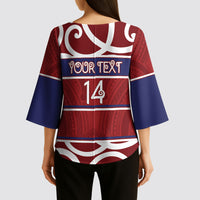 Southland Custom Rugby New Zealand Kimono Sleeve Blouse Aotearoa Maori Pukana Tiki Mascot